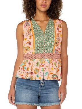 Liverpool LA Sleeveless Peplum Top Smocked Waist Pink Green Floral Sz Xs NWT